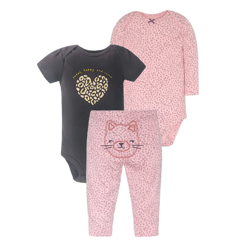 3-Piece Baby Cartoon Bodysuit & Pants Set | 100% Cotton | Short Sleeve | Unisex | 3 Colors | 6-24 Months | Summer
