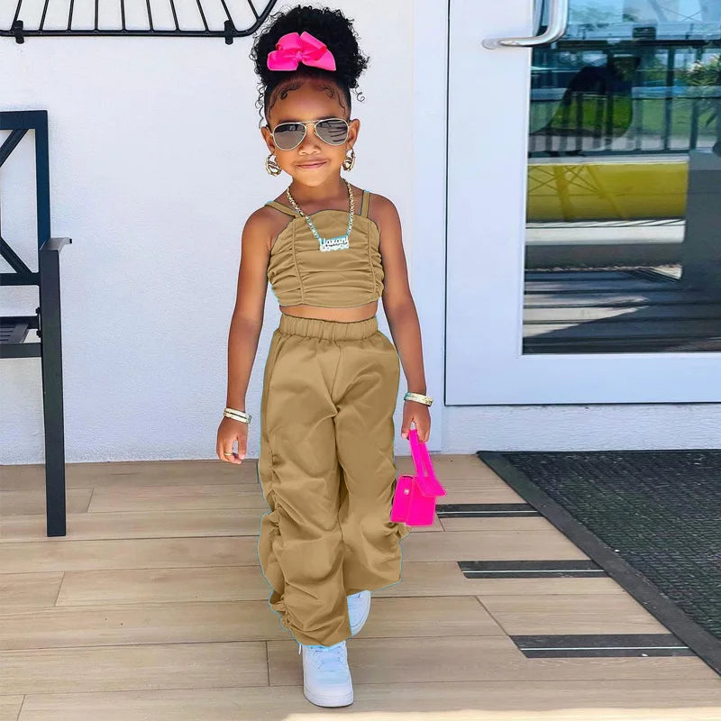 1-8years Baby Kids Summer Clothing For Girls Sleeveless Crop Tops+Cargo Pants 2pcs/sets Children's Fashion Clothes Outfits Girl