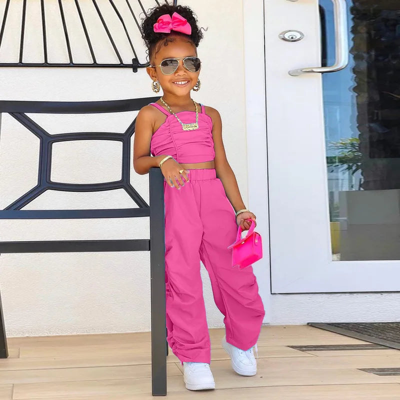 1-8years Baby Kids Summer Clothing For Girls Sleeveless Crop Tops+Cargo Pants 2pcs/sets Children's Fashion Clothes Outfits Girl