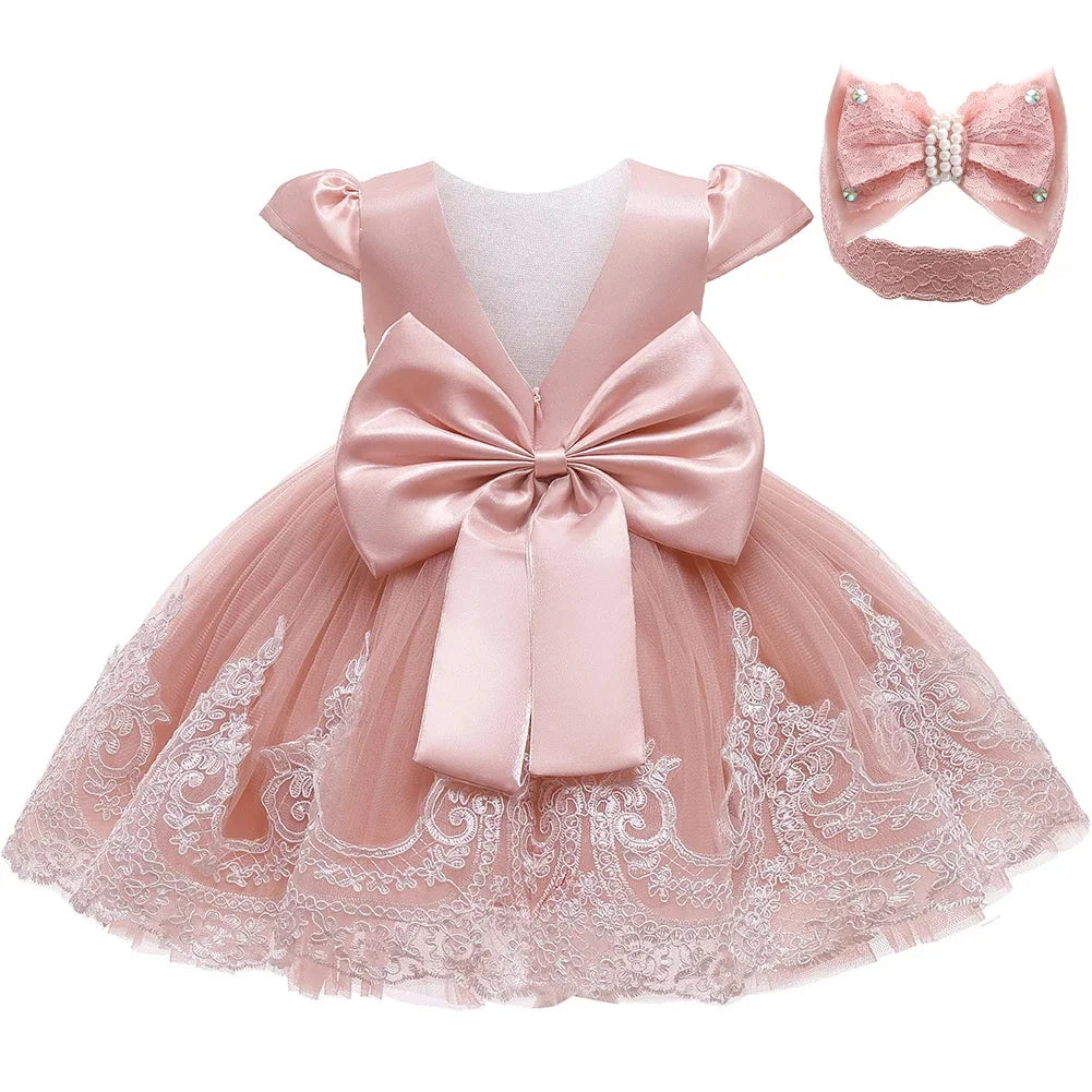 Baby Girl Embroidery Baptism Dress | Satin Big Bow Tulle Prom Wedding Formal Gown