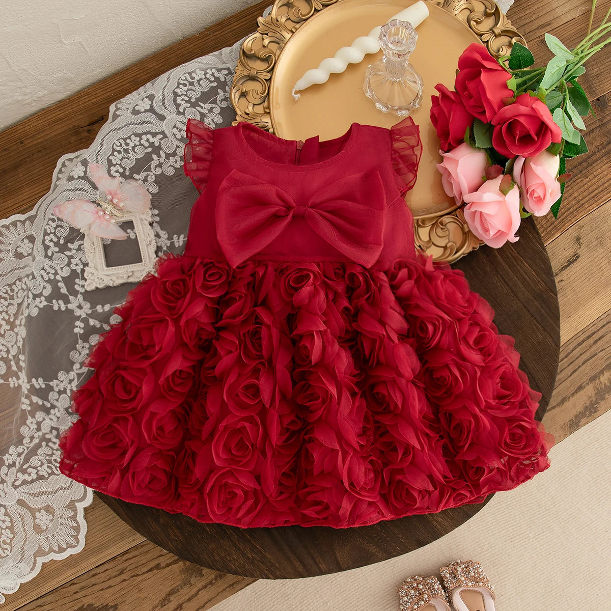 Baby Girls Rose Flower Mesh Princess Dress | Big Bow Tutu Gown for Toddlers