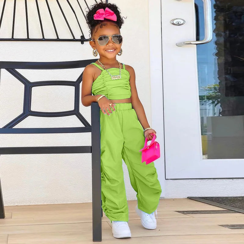 1-8years Baby Kids Summer Clothing For Girls Sleeveless Crop Tops+Cargo Pants 2pcs/sets Children's Fashion Clothes Outfits Girl