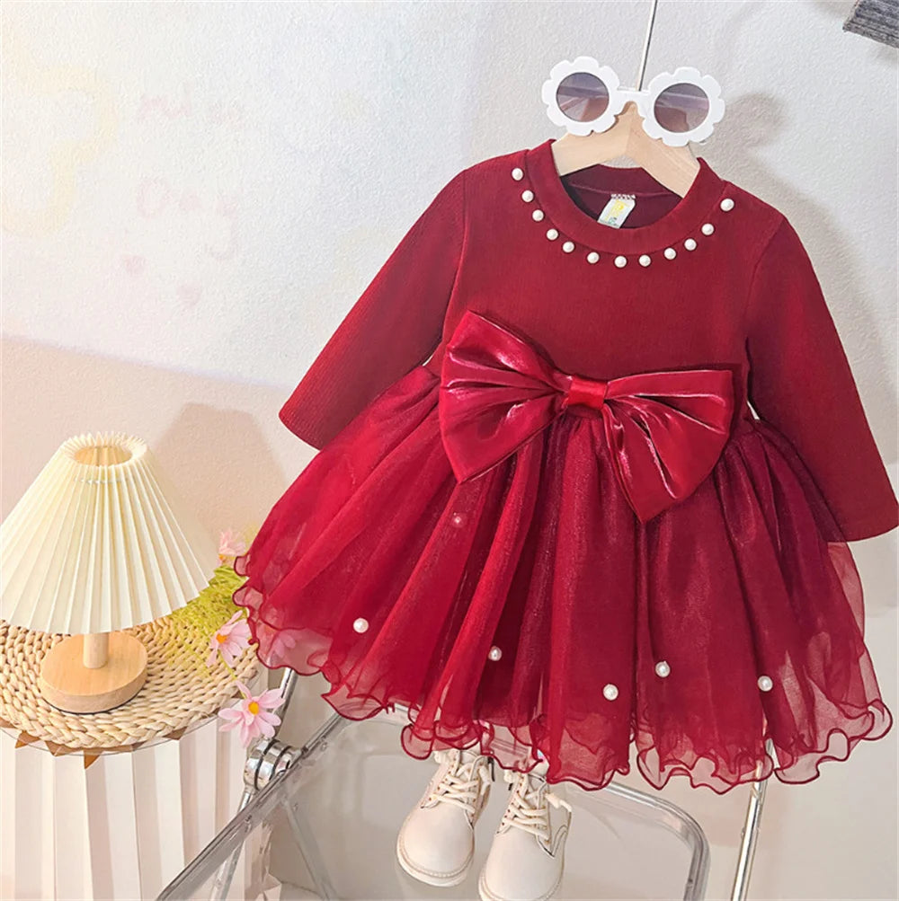 Baby Girl Bow Mesh Princess Dress | Autumn Toddler Birthday Party Dress 0-24M