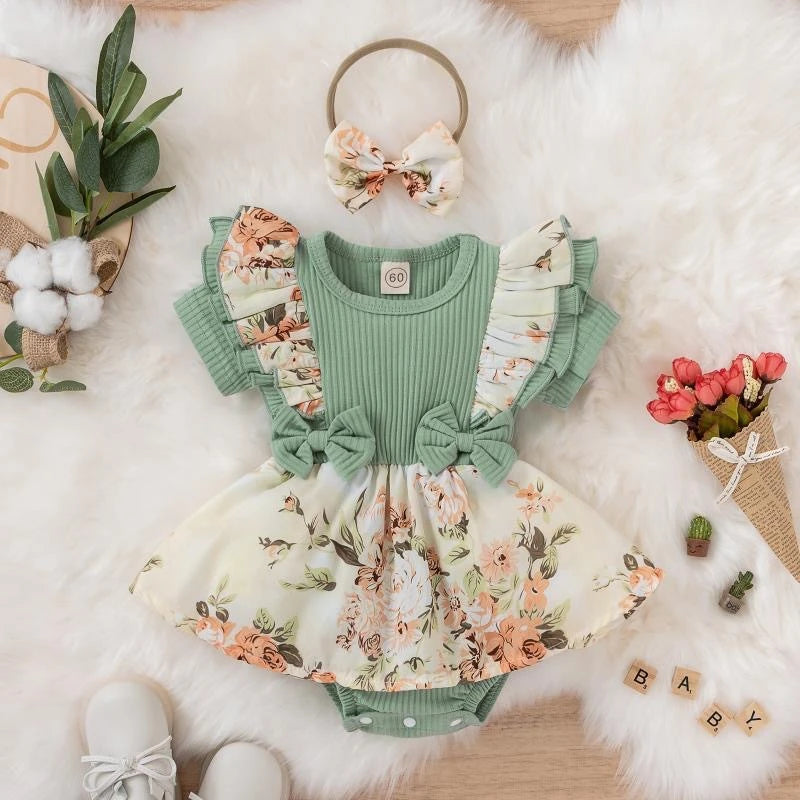 Baby Girl Bowknot Striped Jumpsuit | Cotton Floral Crawling Dress for Newborns