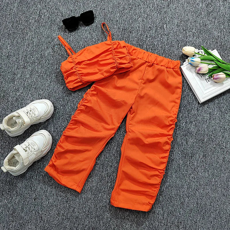 1-8years Baby Kids Summer Clothing For Girls Sleeveless Crop Tops+Cargo Pants 2pcs/sets Children's Fashion Clothes Outfits Girl
