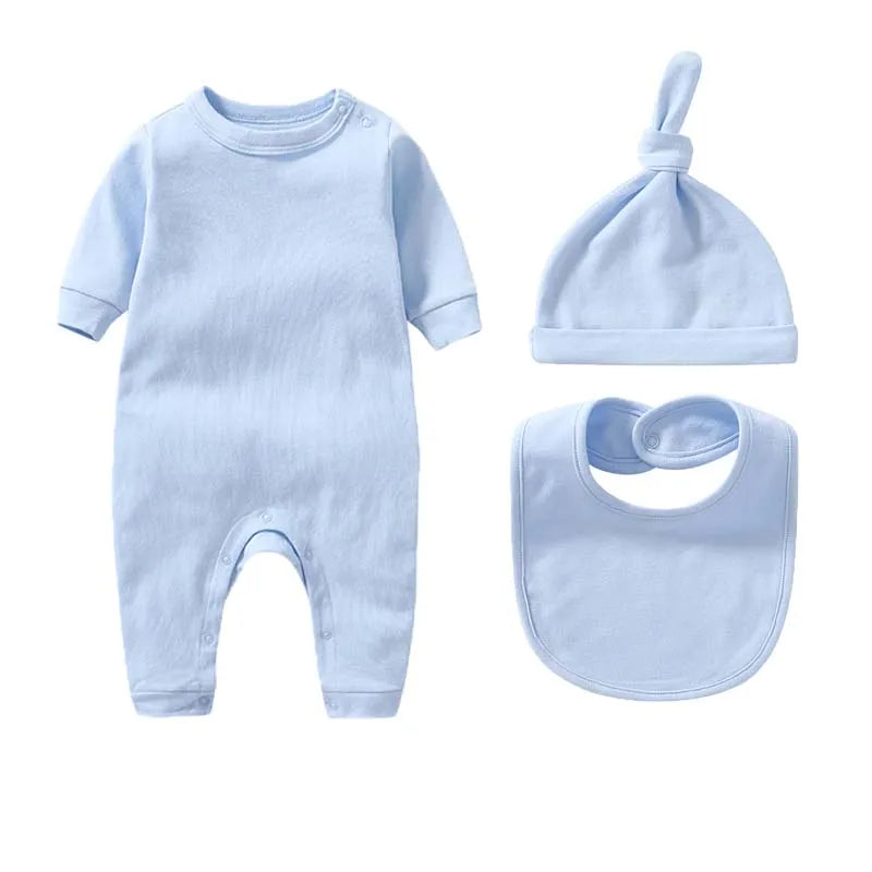3-Piece Newborn Bodysuit Set | 100% Cotton | Long Sleeve Jumpsuit + Hat + Bib | Unisex | 4 Colors | 0-6 Months