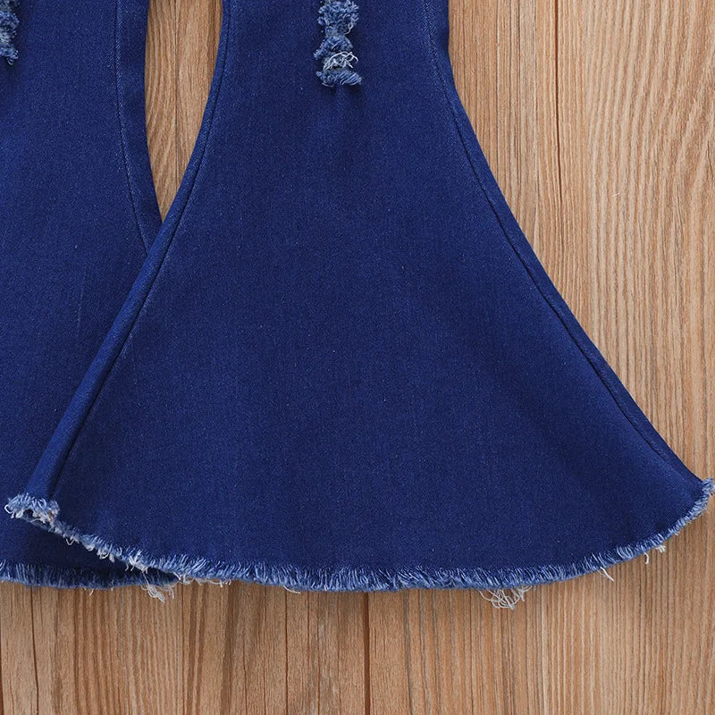 Baby Girls Stretch Flared Jeans | Casual Denim Pants with Holes for Kids 2-6Y