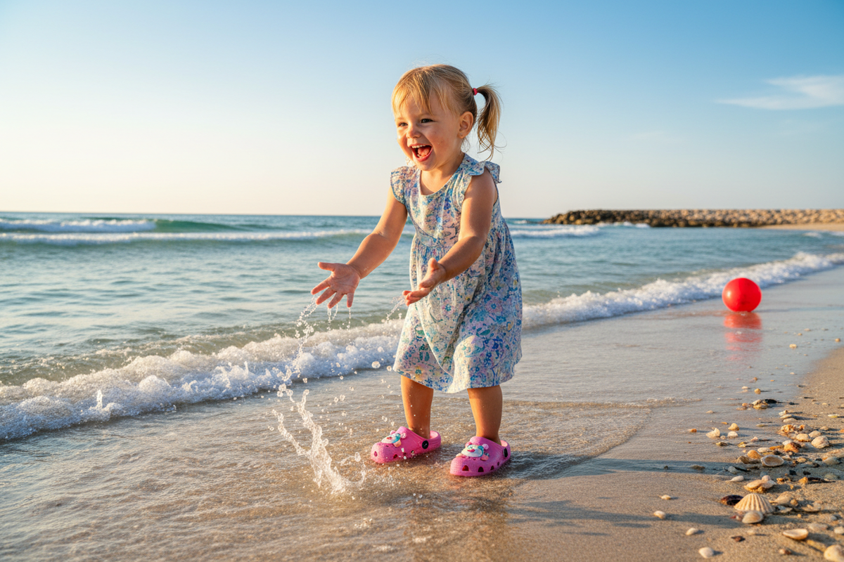 Happy girl wearing pink cartoon sandals playing on the beach