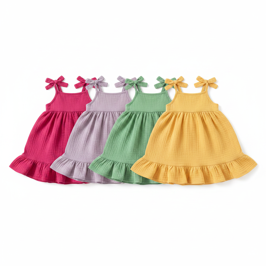 Adorable baby girl muslin cotton sleeveless ruffle slip dress in pink, lavender, burgundy, green and yellow on white background