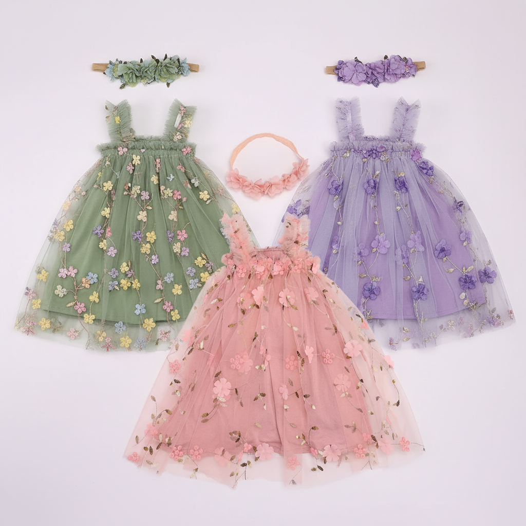 Adorable toddler girl tutu dress with embroidery floral print and matching flower headband on white background