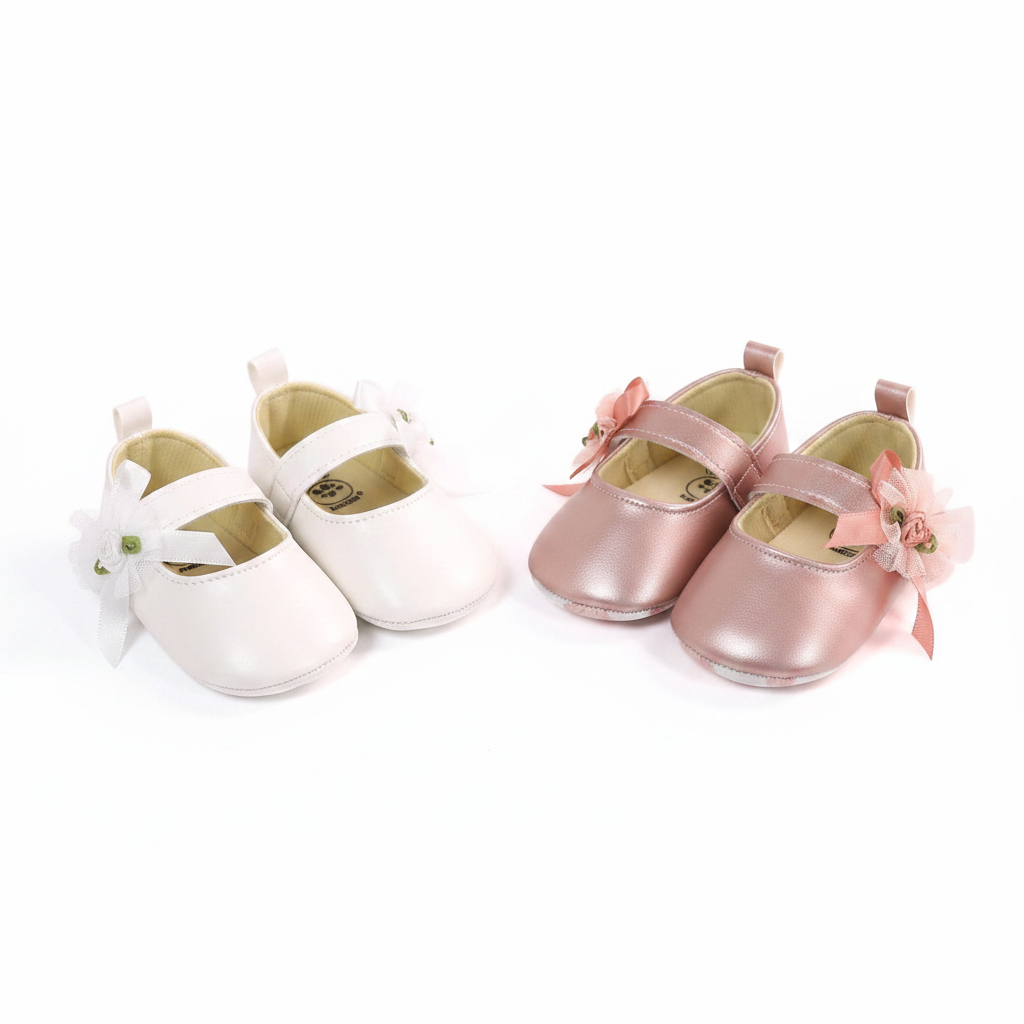 Adorable baby girl princess soft sole flat shoes in white and pink on white background