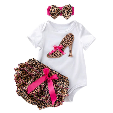 3 Pcs Set Baby Newborns 2025 Summer Cotton Short Sleeve Leopard Bodysuit High-heeled Shoes Christmas Ruffle Baby Girl Clothes Set