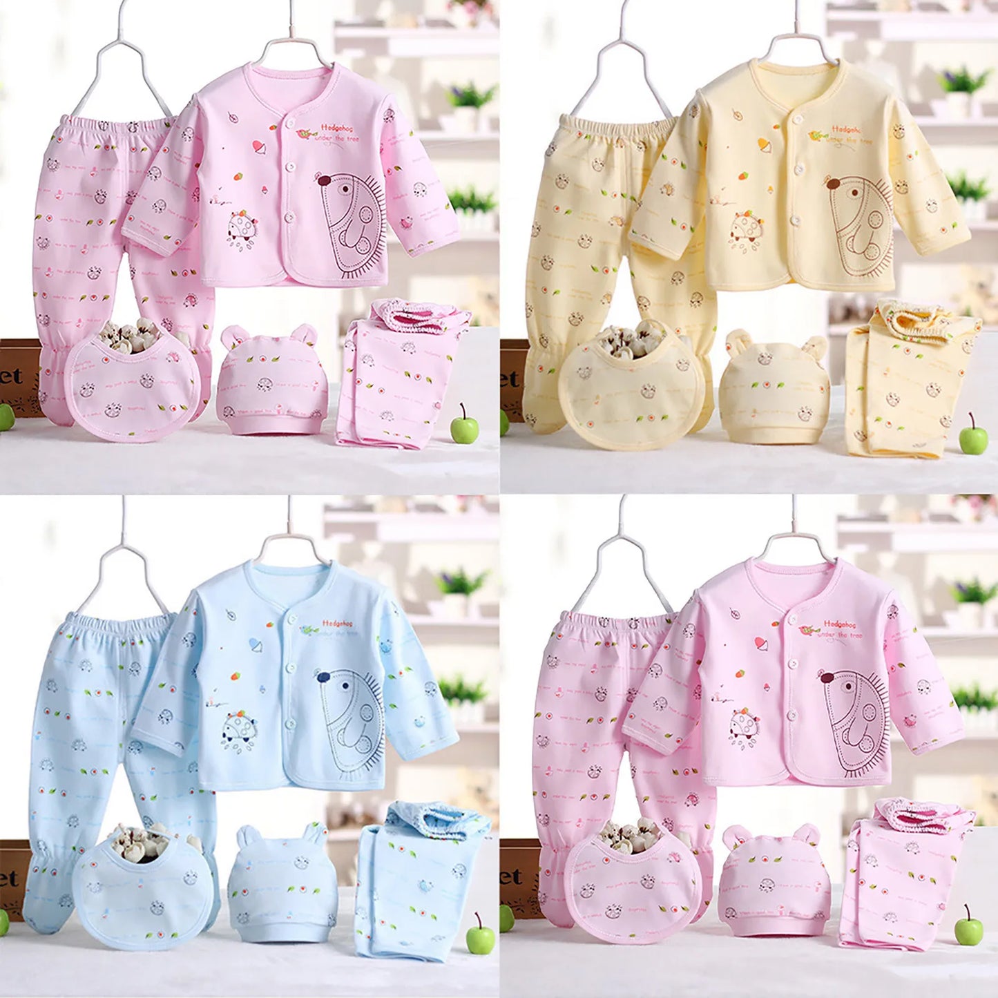 5pcs Newborn Baby Boys Girls Cute Cartoon Long Sleeve Tops+hat+pants +bib Outfits Set From 0 To 3 Months Clothes Set For Baby