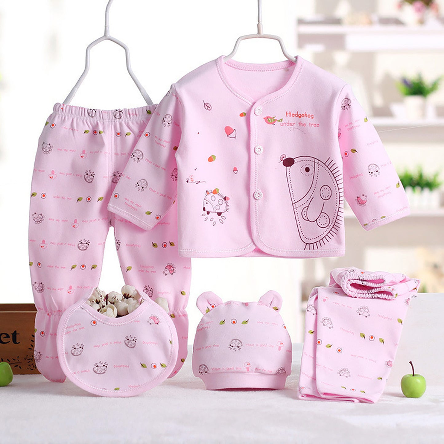 5pcs Newborn Baby Boys Girls Cute Cartoon Long Sleeve Tops+hat+pants +bib Outfits Set From 0 To 3 Months Clothes Set For Baby