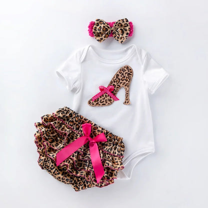 3 Pcs Set Baby Newborns 2025 Summer Cotton Short Sleeve Leopard Bodysuit High-heeled Shoes Christmas Ruffle Baby Girl Clothes Set