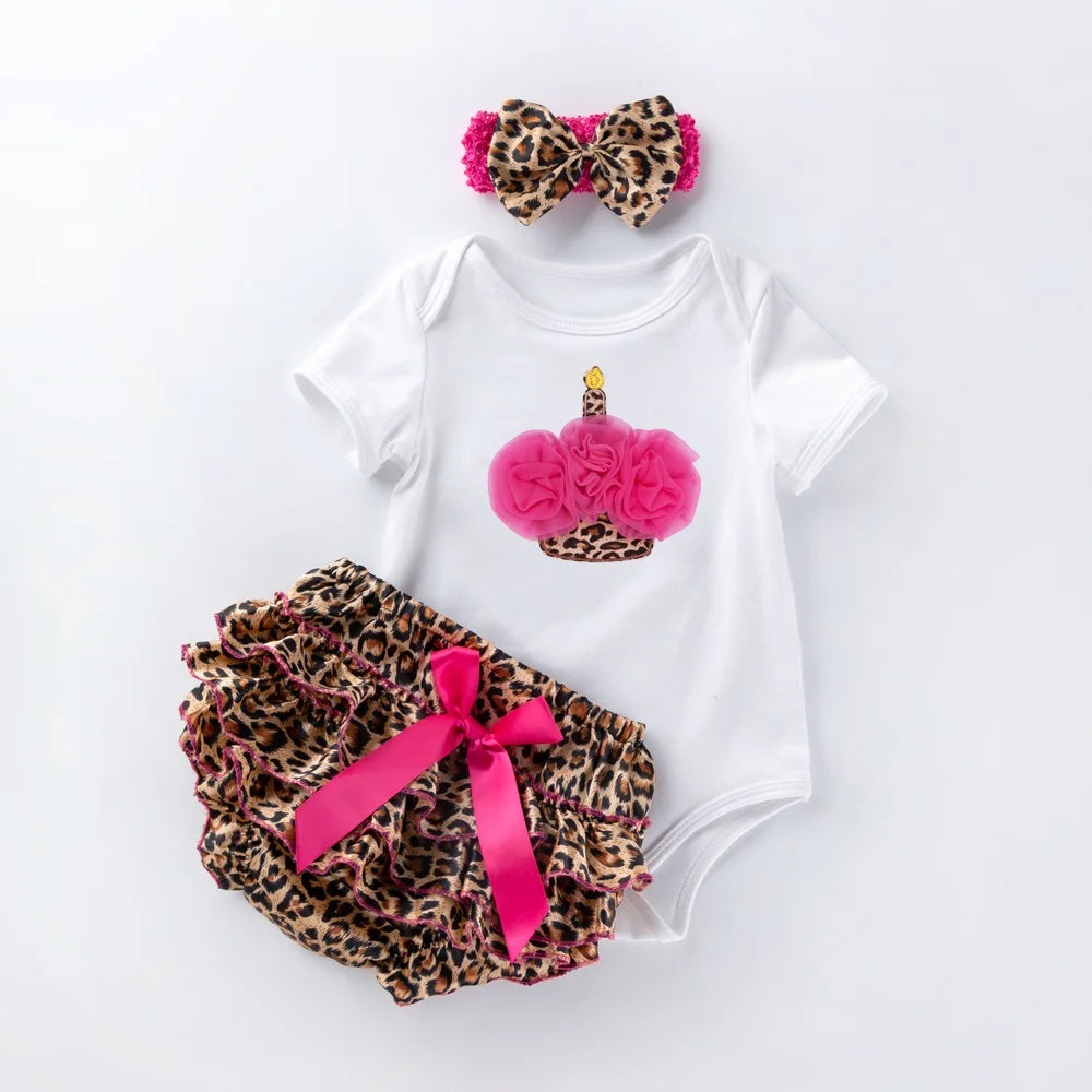 3 Pcs Set Baby Newborns 2025 Summer Cotton Short Sleeve Leopard Bodysuit High-heeled Shoes Christmas Ruffle Baby Girl Clothes Set