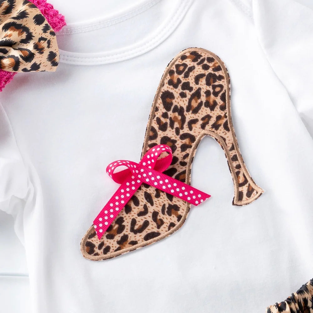 3 Pcs Set Baby Newborns 2025 Summer Cotton Short Sleeve Leopard Bodysuit High-heeled Shoes Christmas Ruffle Baby Girl Clothes Set