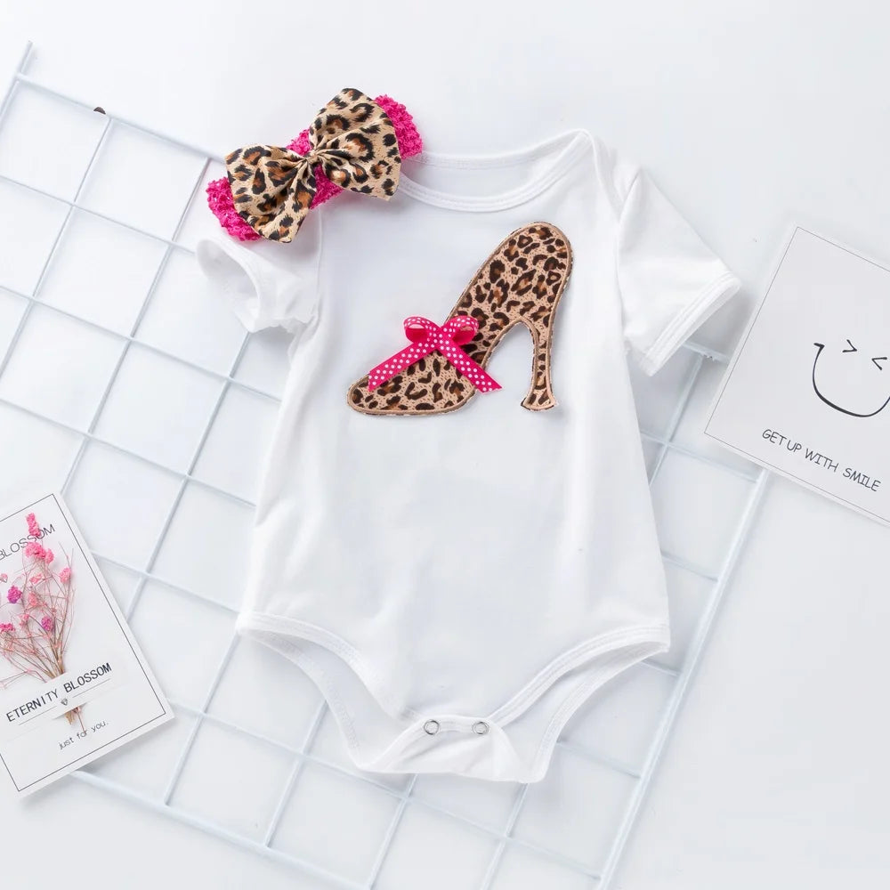 3 Pcs Set Baby Newborns 2025 Summer Cotton Short Sleeve Leopard Bodysuit High-heeled Shoes Christmas Ruffle Baby Girl Clothes Set