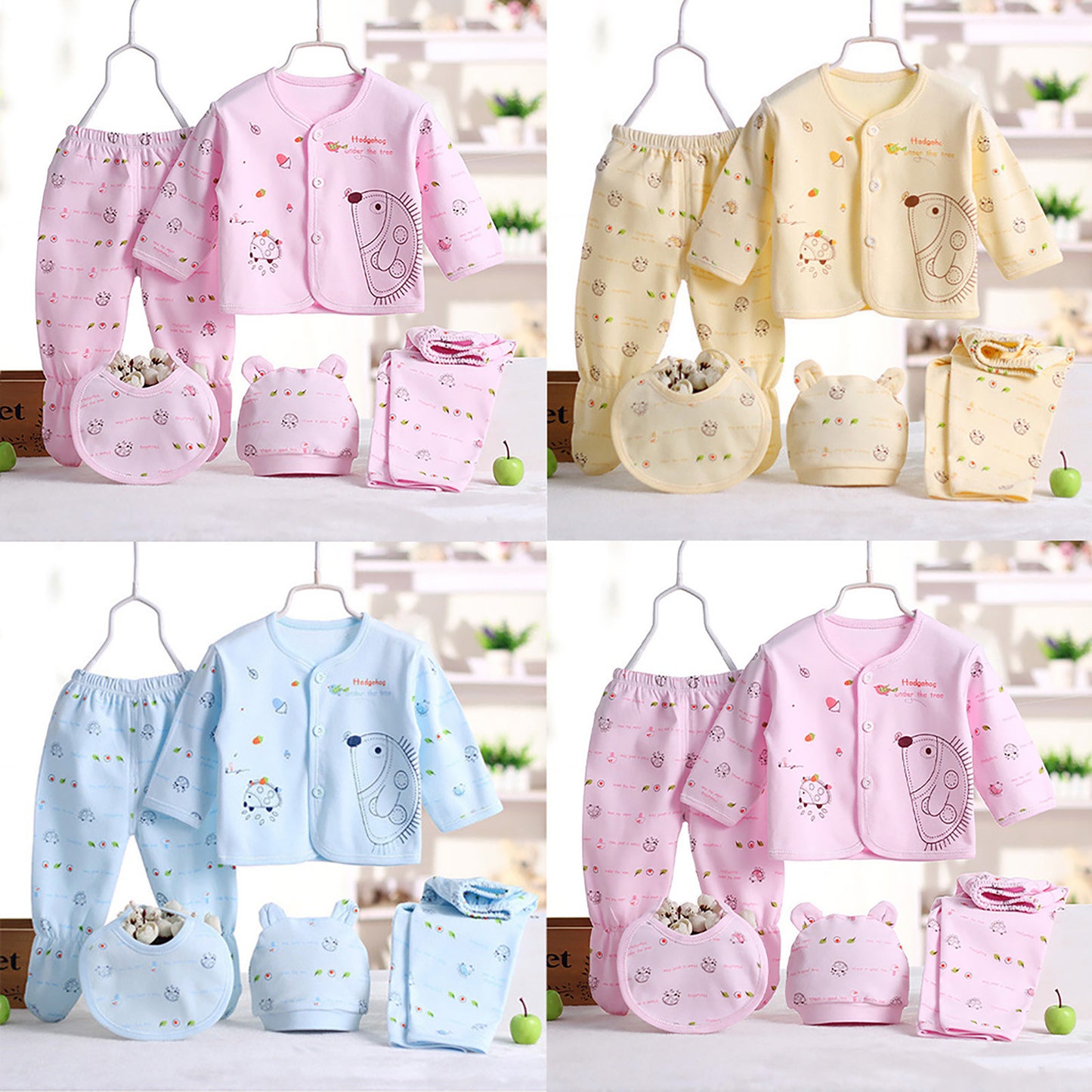 5pcs Newborn Baby Boys Girls Cute Cartoon Long Sleeve Tops+hat+pants +bib Outfits Set From 0 To 3 Months Clothes Set For Baby