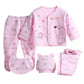 5pcs Newborn Baby Boys Girls Cute Cartoon Long Sleeve Tops+hat+pants +bib Outfits Set From 0 To 3 Months Clothes Set For Baby