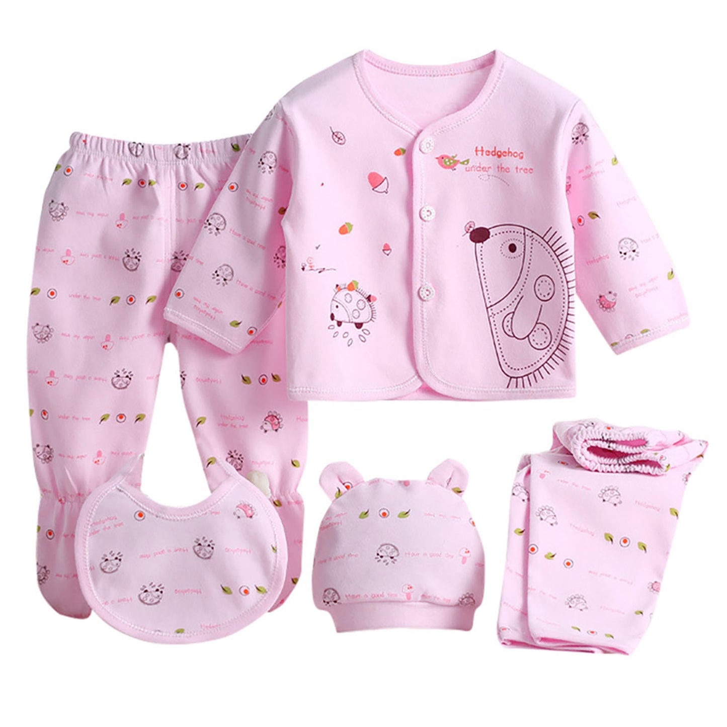 5pcs Newborn Baby Boys Girls Cute Cartoon Long Sleeve Tops+hat+pants +bib Outfits Set From 0 To 3 Months Clothes Set For Baby