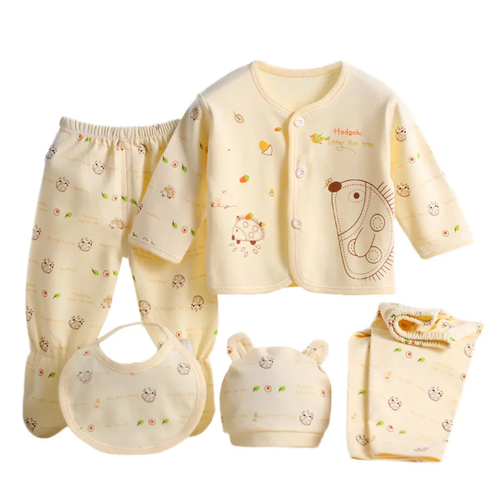5pcs Newborn Baby Boys Girls Cute Cartoon Long Sleeve Tops+hat+pants +bib Outfits Set From 0 To 3 Months Clothes Set For Baby
