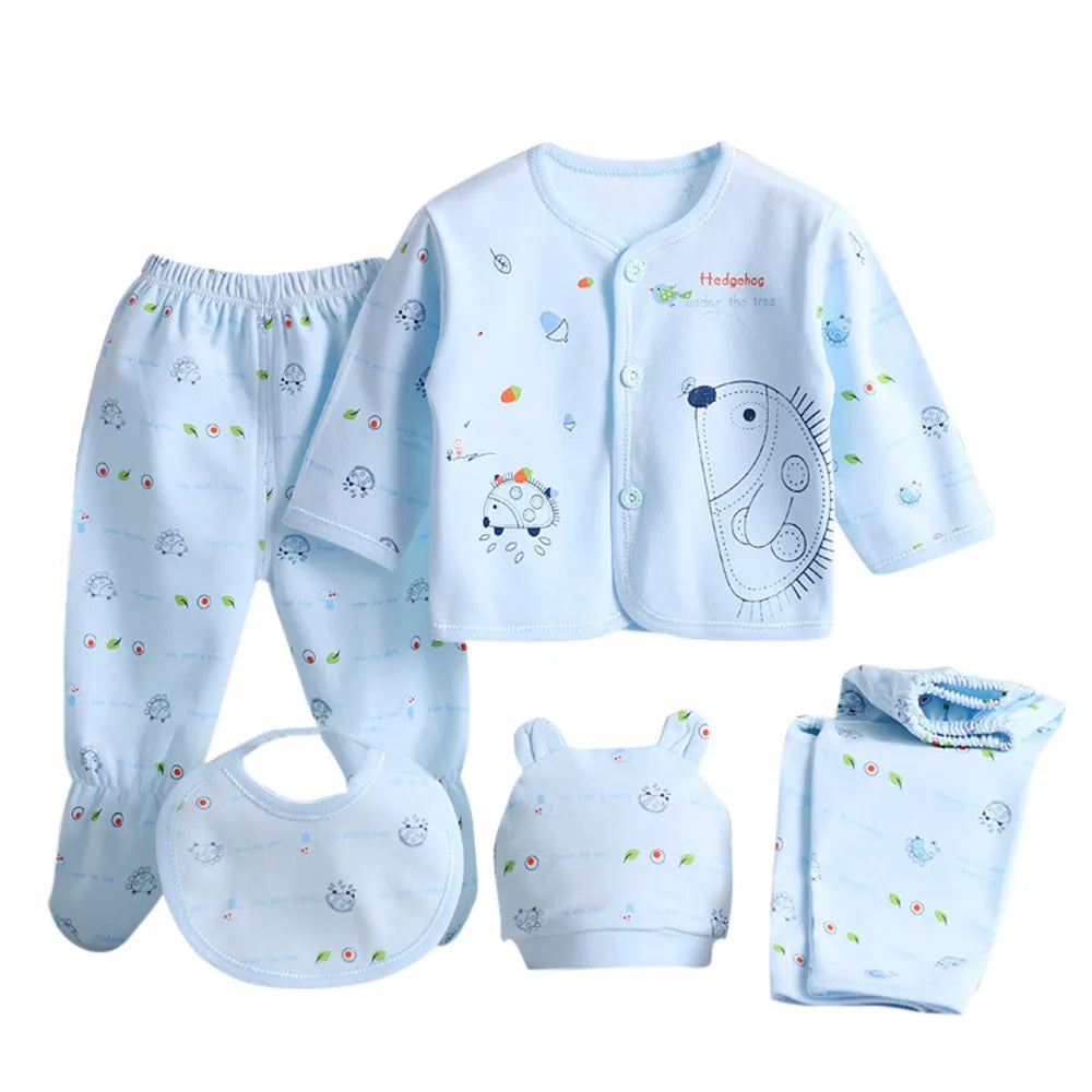 5pcs Newborn Baby Boys Girls Cute Cartoon Long Sleeve Tops+hat+pants +bib Outfits Set From 0 To 3 Months Clothes Set For Baby