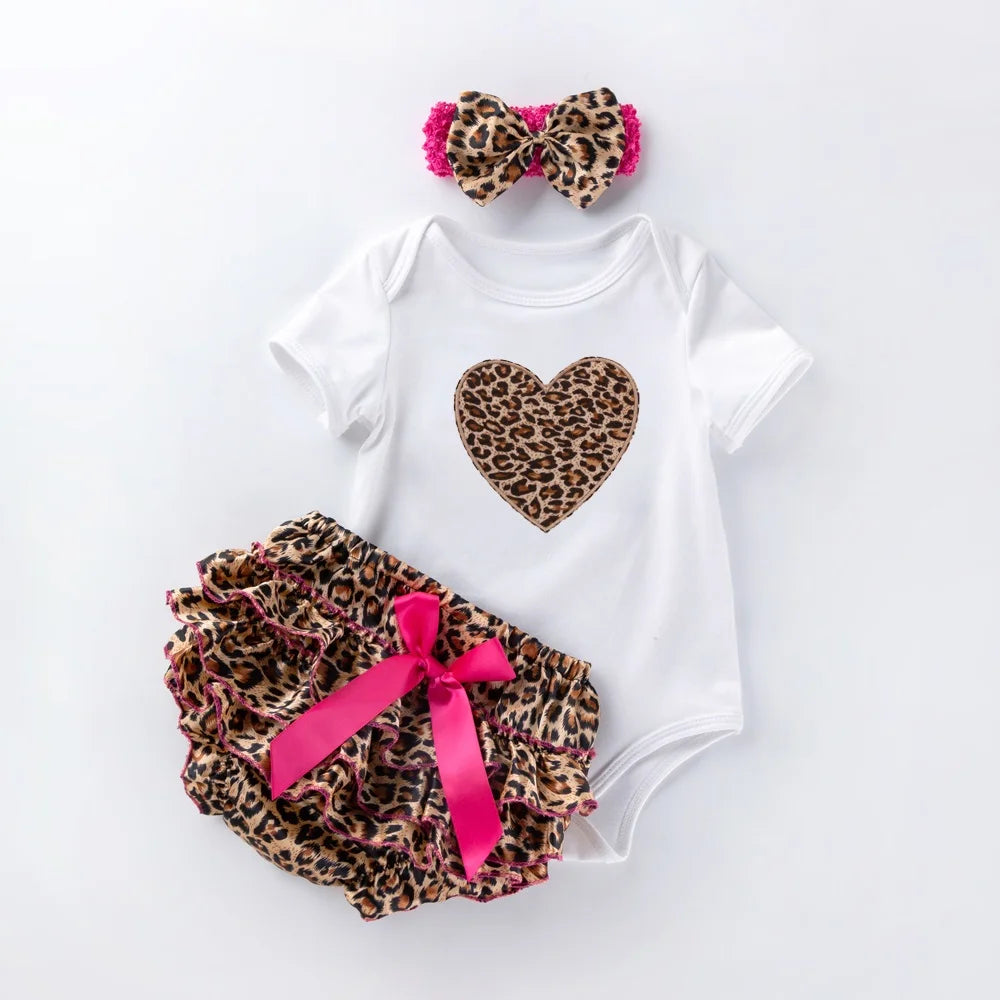 3 Pcs Set Baby Newborns 2025 Summer Cotton Short Sleeve Leopard Bodysuit High-heeled Shoes Christmas Ruffle Baby Girl Clothes Set