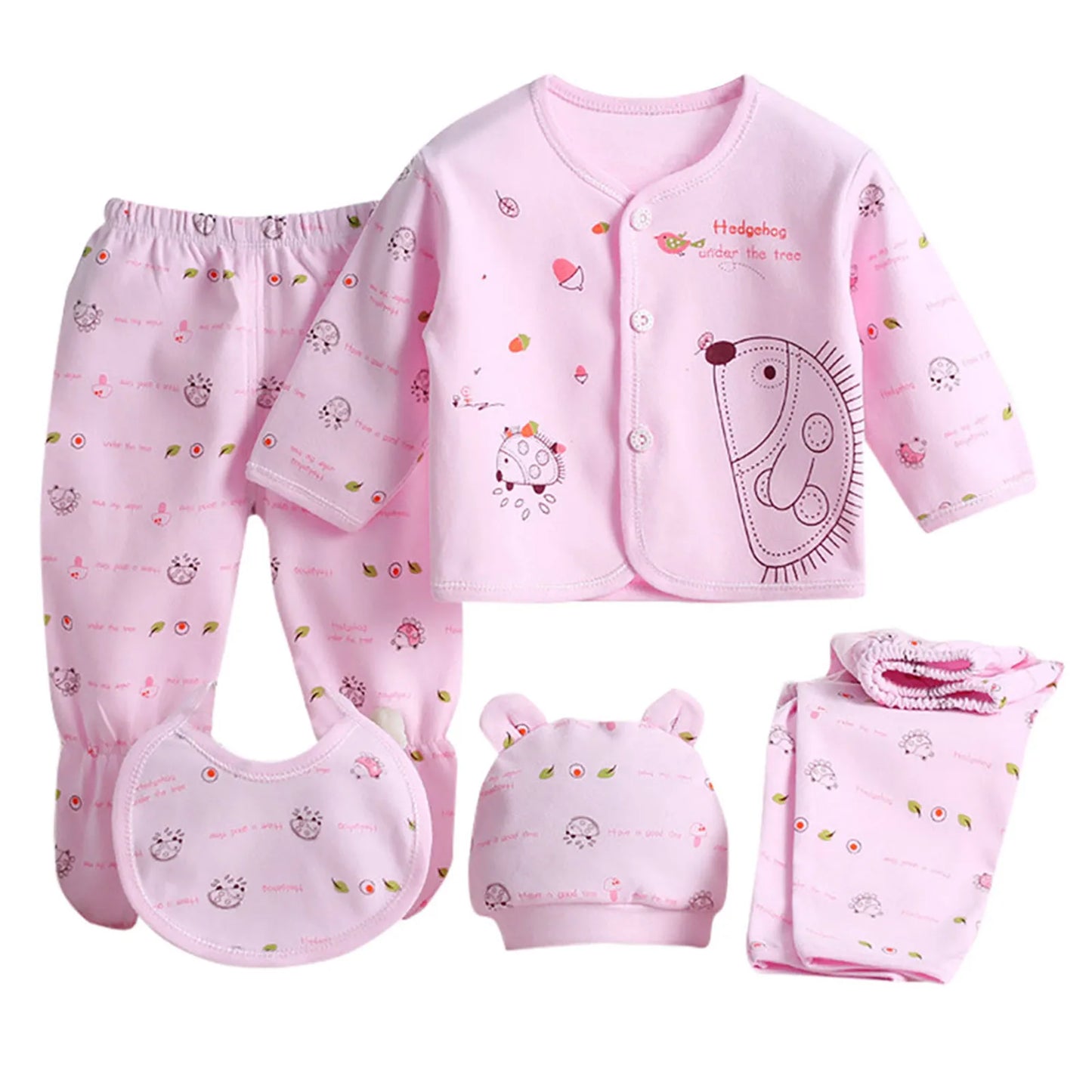 5pcs Newborn Baby Boys Girls Cute Cartoon Long Sleeve Tops+hat+pants +bib Outfits Set From 0 To 3 Months Clothes Set For Baby