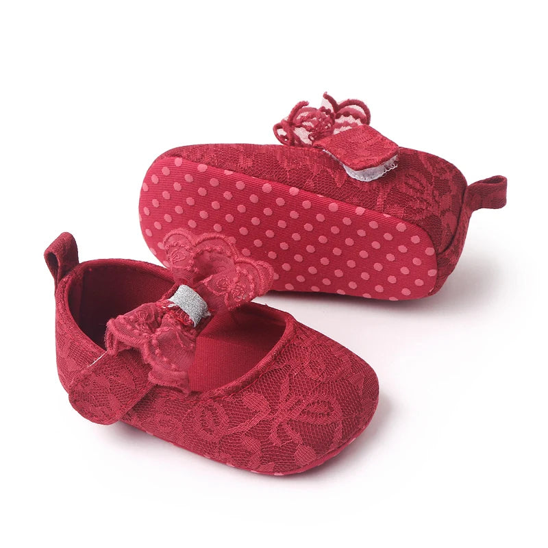 Baby Soft Cotton Shoes Beautiful Lace Bowknot Mary Jane 6 to 12 Month Baby Girl Prewalking Shoes High Quality Soft and Anti-slip