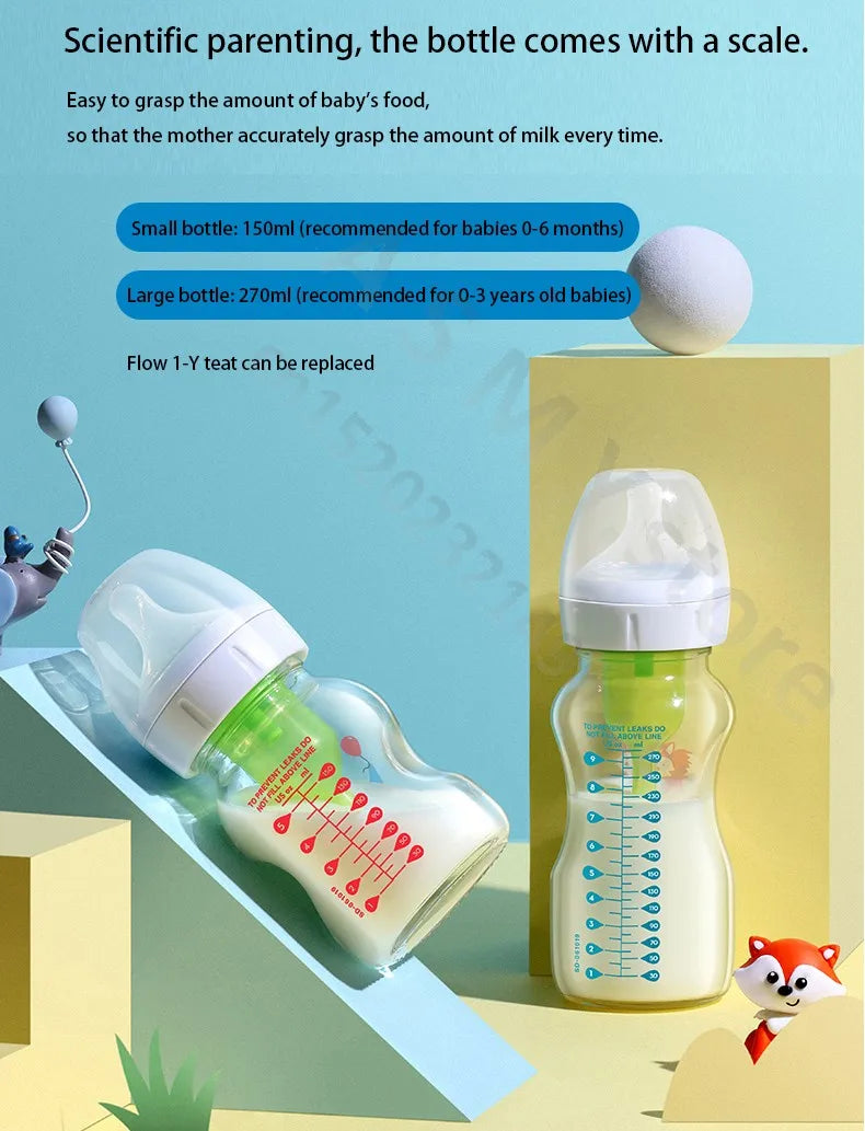 Dr. Brown's newborn glass baby bottle, wide diameter, anti-colic, gas-liquid separation 150ML + 270ML