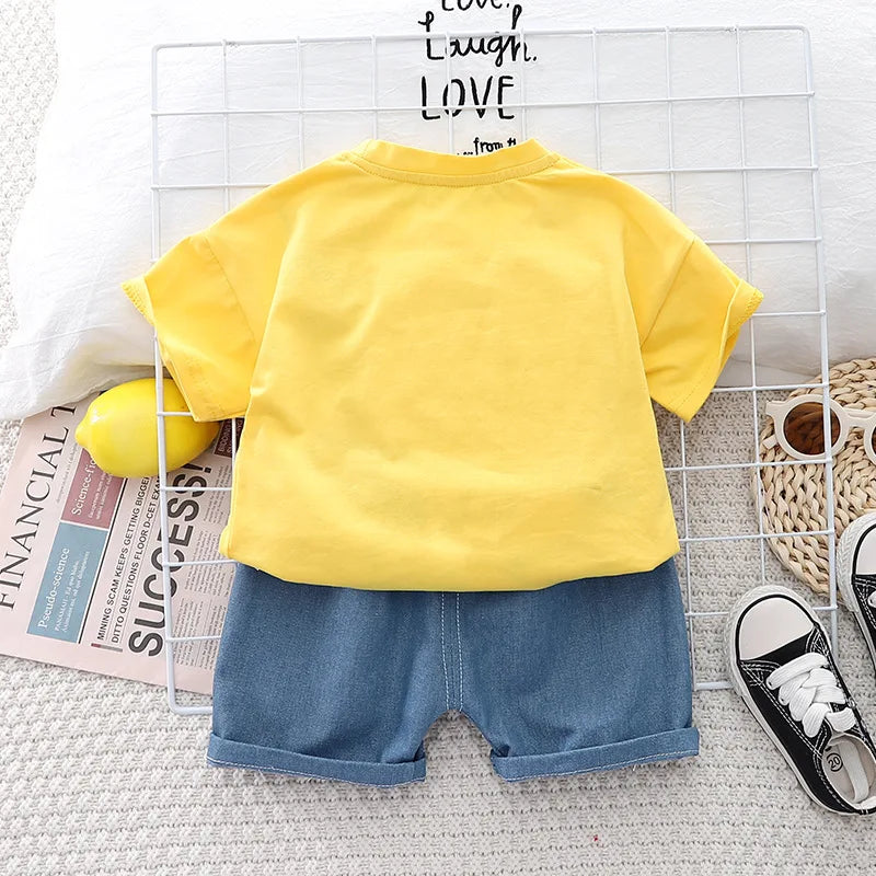 Kids Baby Boys/Girls Summer Clothes Kids Cartoon Car Cotton T-shirt Denim Shorts 2Pcs Suit Children's Wear Leisure sports Sets