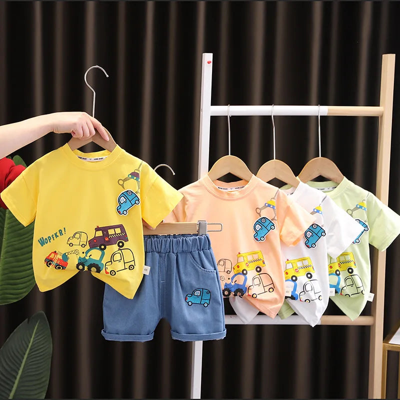 Kids Baby Boys/Girls Summer Clothes Kids Cartoon Car Cotton T-shirt Denim Shorts 2Pcs Suit Children's Wear Leisure sports Sets