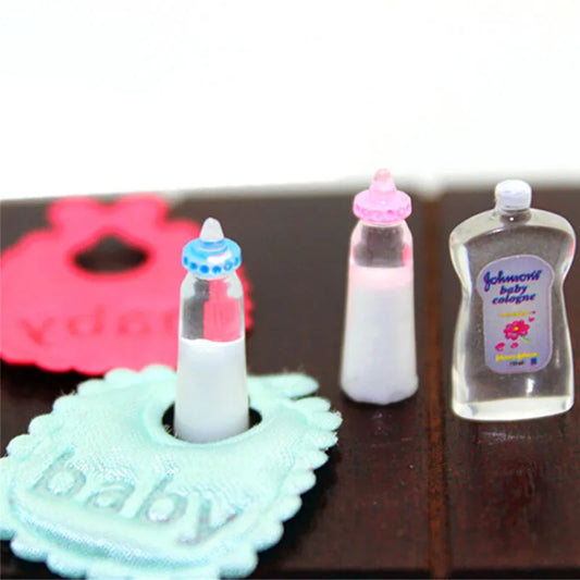 Dolls House Miniature Baby Bottles Shampoo Bibs Set Nursery Accessory Gift