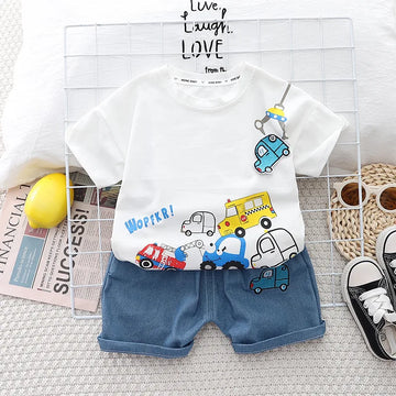 Kids Baby Boys/Girls Summer Clothes Kids Cartoon Car Cotton T-shirt Denim Shorts 2Pcs Suit Children's Wear Leisure sports Sets