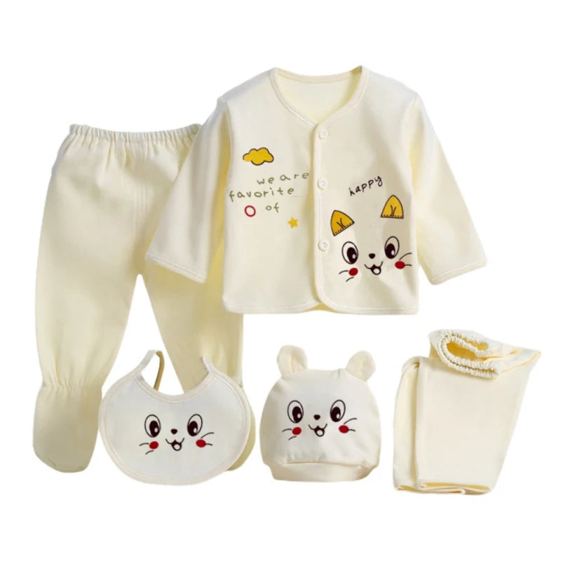 5pcs/Set Newborn Baby Clothing Set Cartoon Infant Boys Girls Clothes Suits Cotton Soft Cute Cat Newborn Outfit Baby Sets ﻿