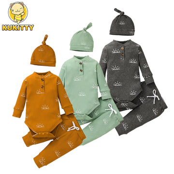 3 PCS Baby Boy Clothes Set Spring Autumn Knitted V-neck Romper+infant Pants+Cap Newborn Outfit