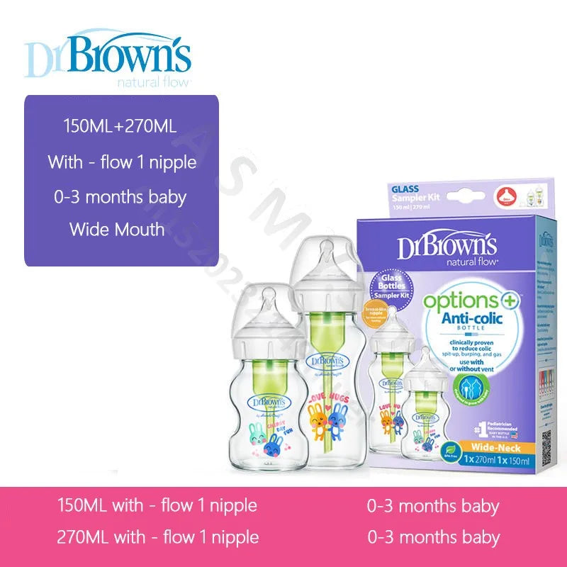 Dr. Brown's newborn glass baby bottle, wide diameter, anti-colic, gas-liquid separation 150ML + 270ML