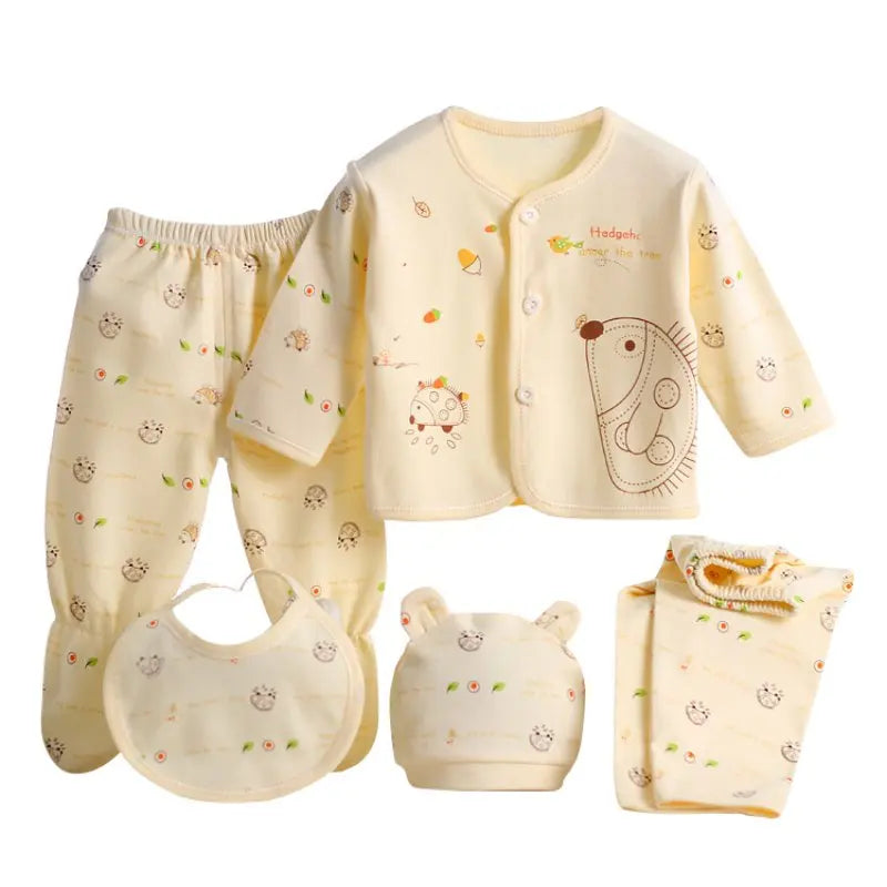 5pcs  Newborn Baby Suit Set Top 2 Pants Hat Bibs 0-3 M Clothing Set Boy Girl