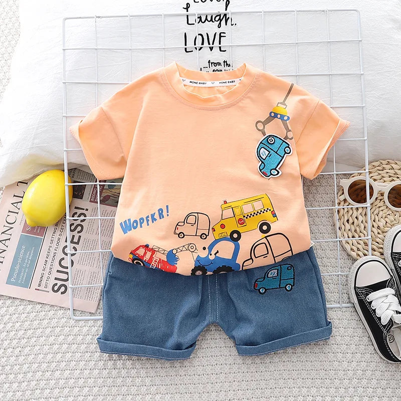 Kids Baby Boys/Girls Summer Clothes Kids Cartoon Car Cotton T-shirt Denim Shorts 2Pcs Suit Children's Wear Leisure sports Sets