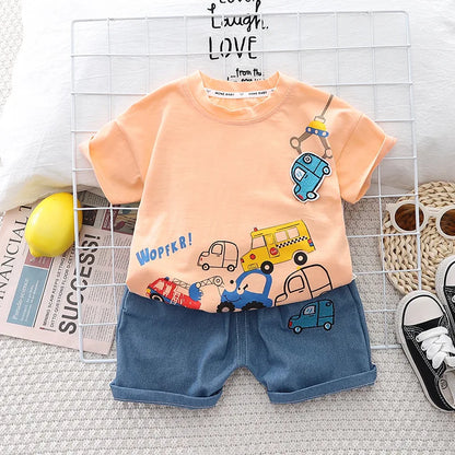 Kids Baby Boys/Girls Summer Clothes Kids Cartoon Car Cotton T-shirt Denim Shorts 2Pcs Suit Children's Wear Leisure sports Sets