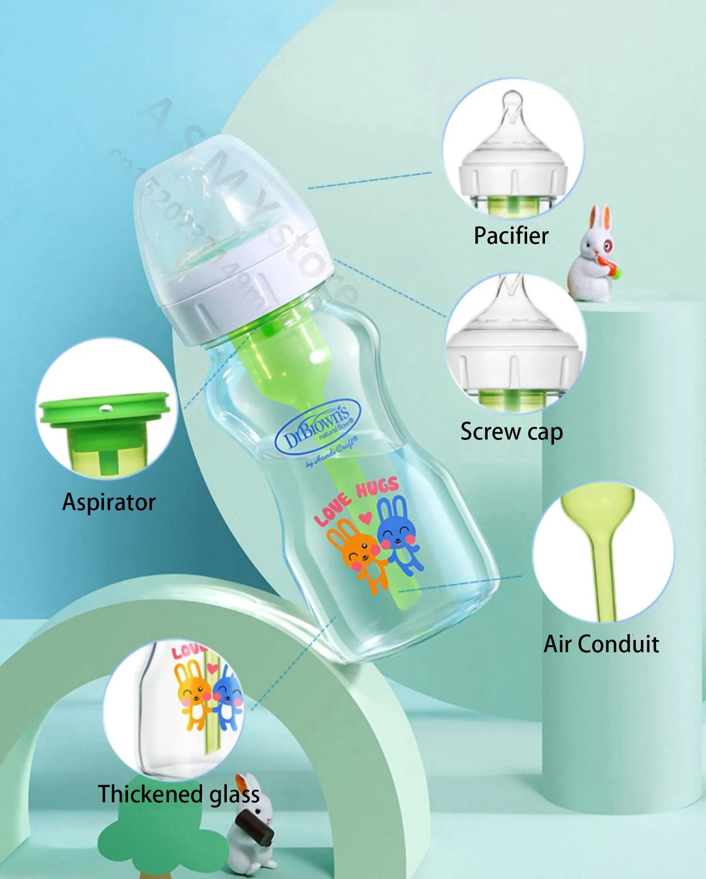 Dr. Brown's newborn glass baby bottle, wide diameter, anti-colic, gas-liquid separation 150ML + 270ML