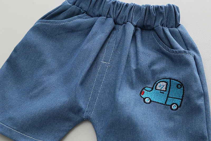 Kids Baby Boys/Girls Summer Clothes Kids Cartoon Car Cotton T-shirt Denim Shorts 2Pcs Suit Children's Wear Leisure sports Sets