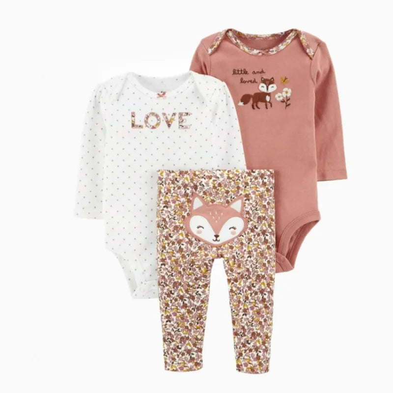 3PCS Baby Clothing Set Autumn Newborn Baby Girl Pure Cotton Clothes Set Soft Cute Animal Kids Bodysuits+Pants+Romper Bebe 6-24M