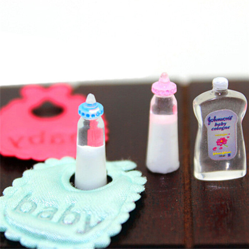 Dolls House Miniature Baby Bottles Shampoo Bibs Set Nursery Accessory Gift
