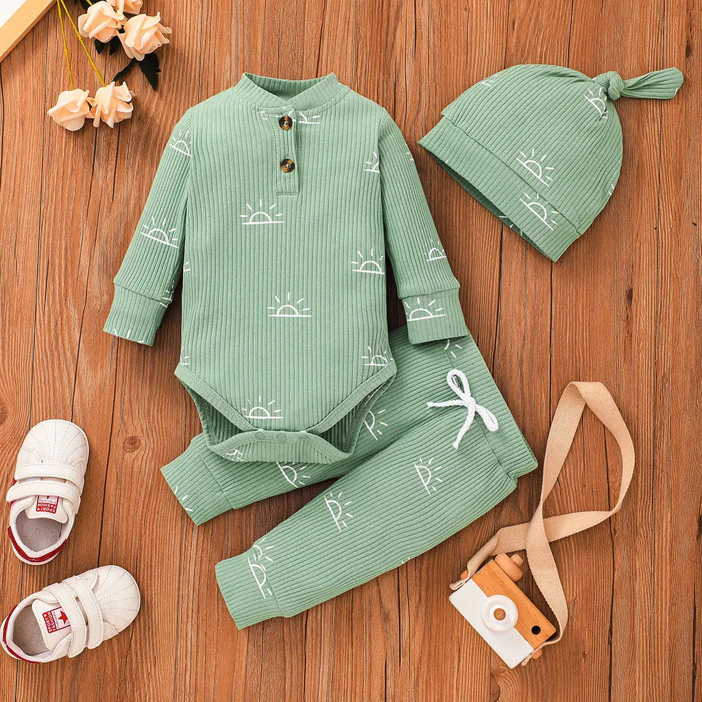 3 PCS Baby Boy Clothes Set Spring Autumn Knitted V-neck Romper+infant Pants+Cap Newborn Outfit