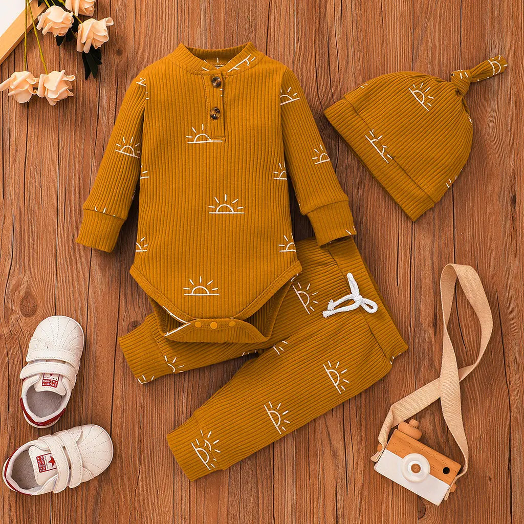 3 PCS Baby Boy Clothes Set Spring Autumn Knitted V-neck Romper+infant Pants+Cap Newborn Outfit