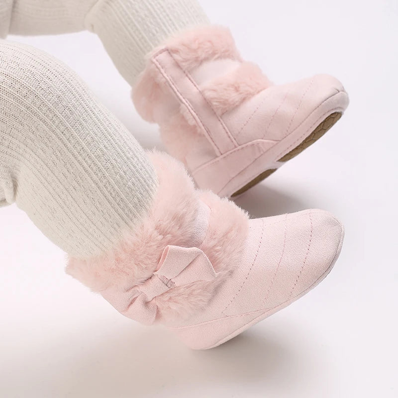 0-18M baby shoes Girls winter plush comfort snow boots cute bow cotton shoes baby soft soled non-slip toddler shoes