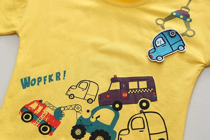 Kids Baby Boys/Girls Summer Clothes Kids Cartoon Car Cotton T-shirt Denim Shorts 2Pcs Suit Children's Wear Leisure sports Sets
