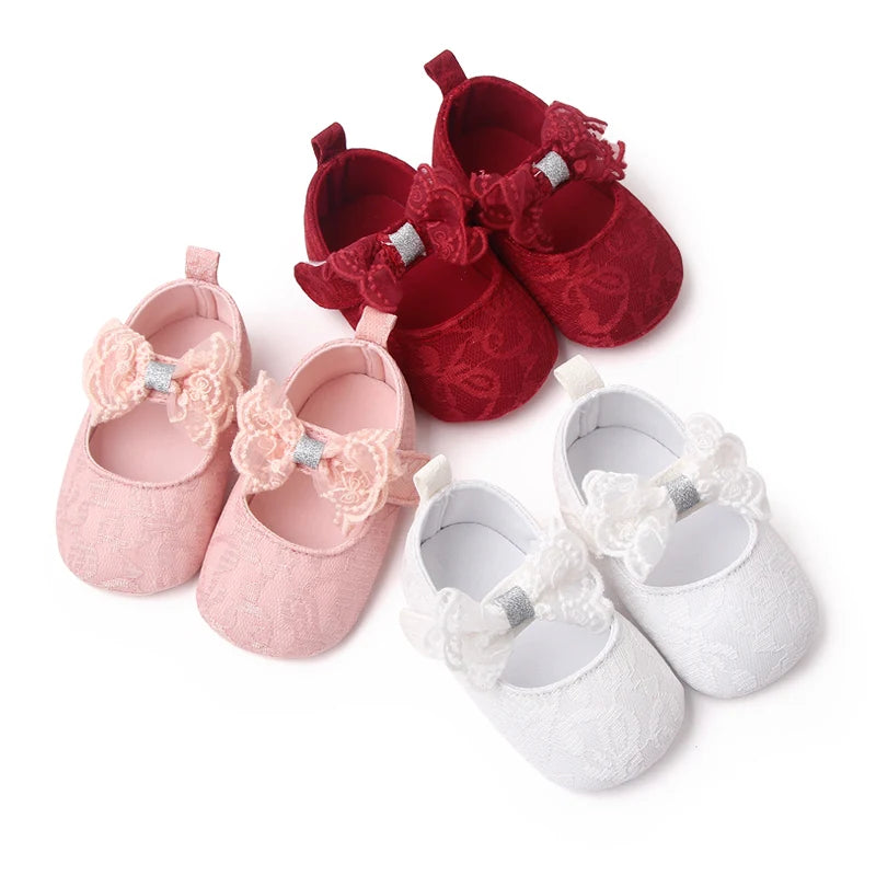 Baby Soft Cotton Shoes Beautiful Lace Bowknot Mary Jane 6 to 12 Month Baby Girl Prewalking Shoes High Quality Soft and Anti-slip